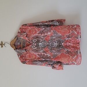Chico's Orange Pink Brown Paisley Sheer Button Down Shirt Size Large